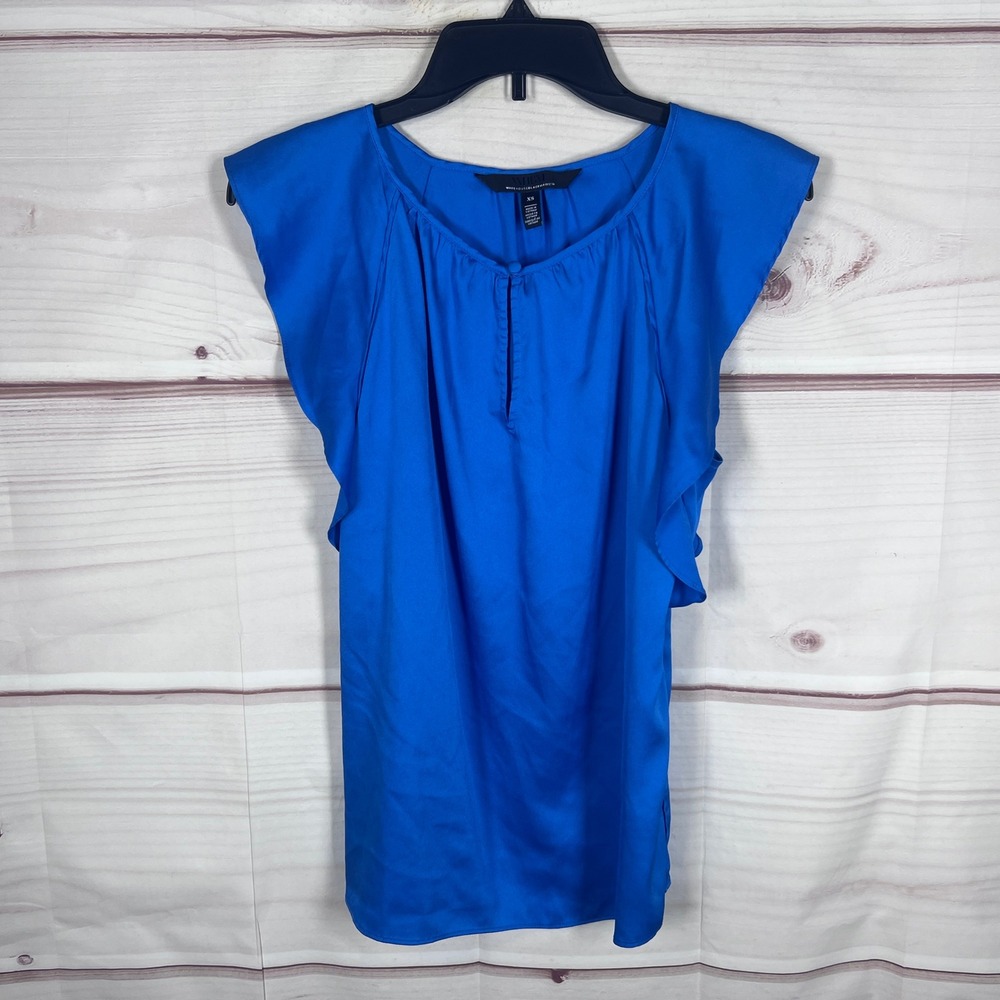 White House Black Market Top Women XS Blue Flutter Sleeve Keyhole Neck Blouse